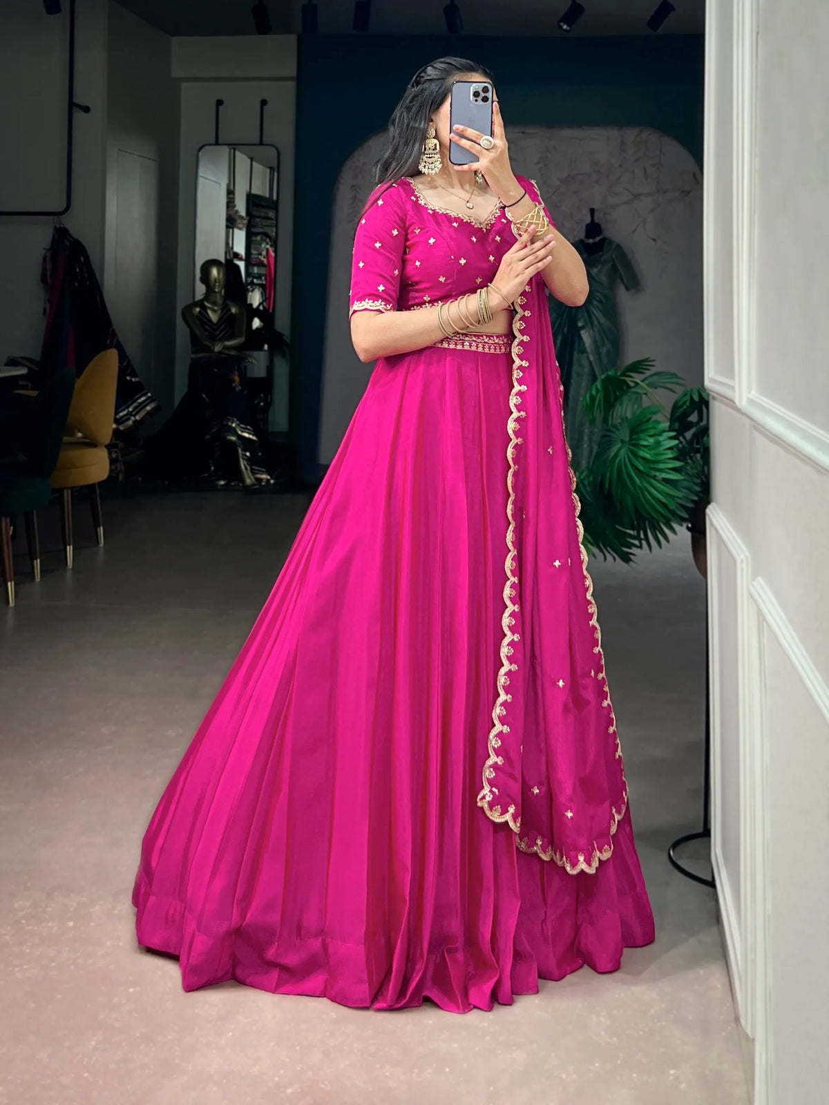 pink chinon lehenga set
