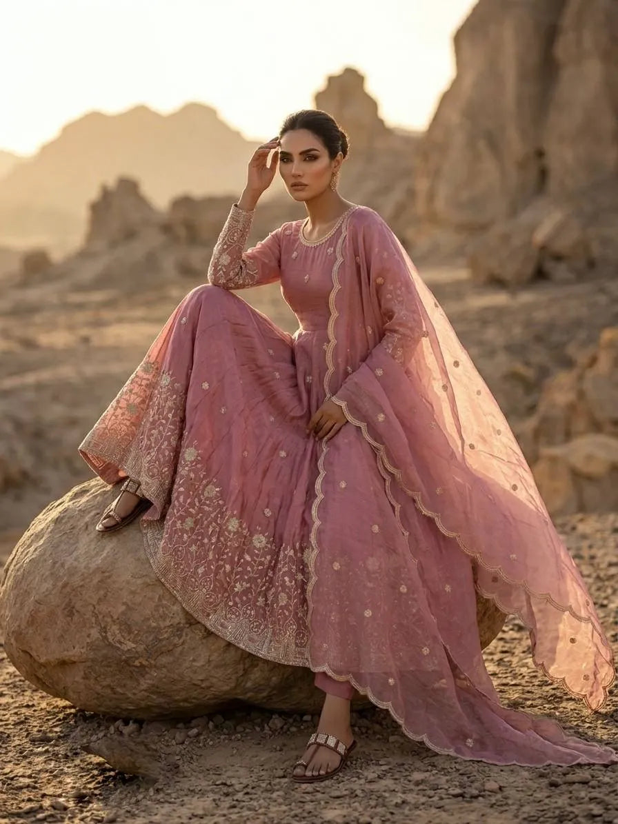pink embroidered gown set women