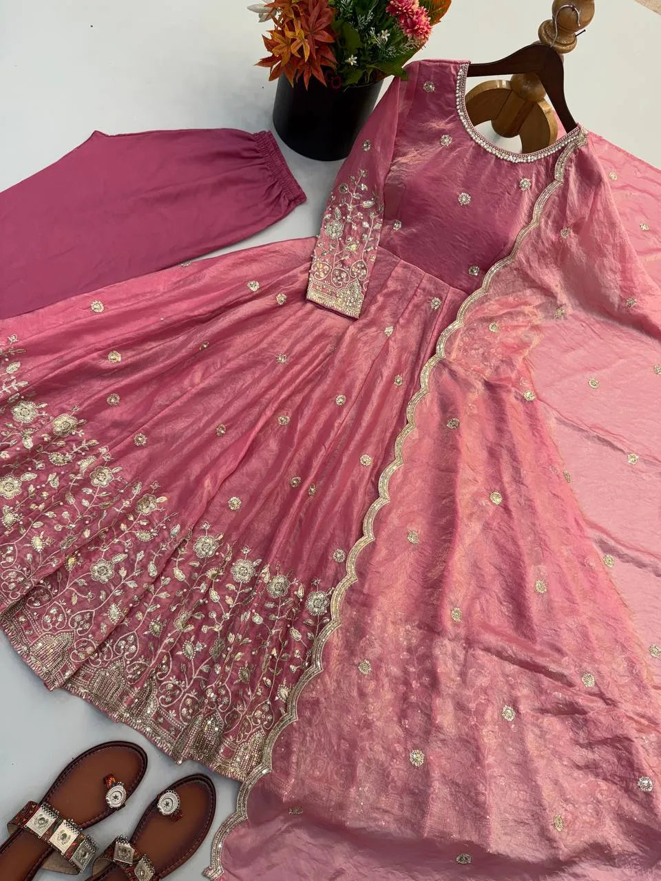 pink flared anarkali gown