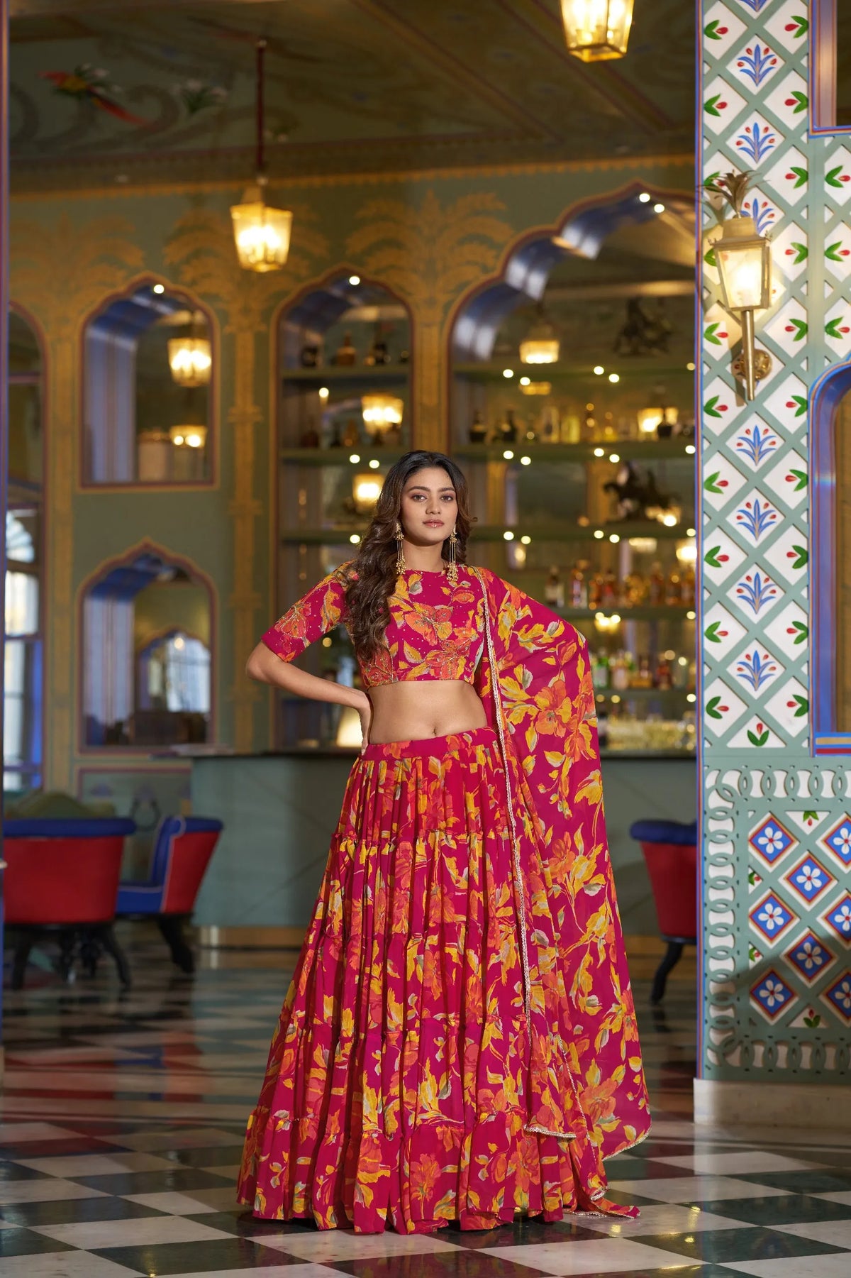 pink floral lehenga
