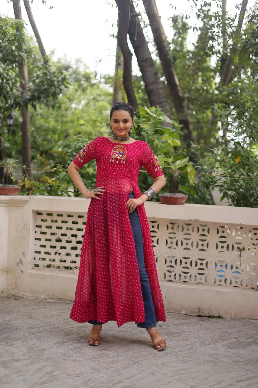 pink kutchi work kurti
