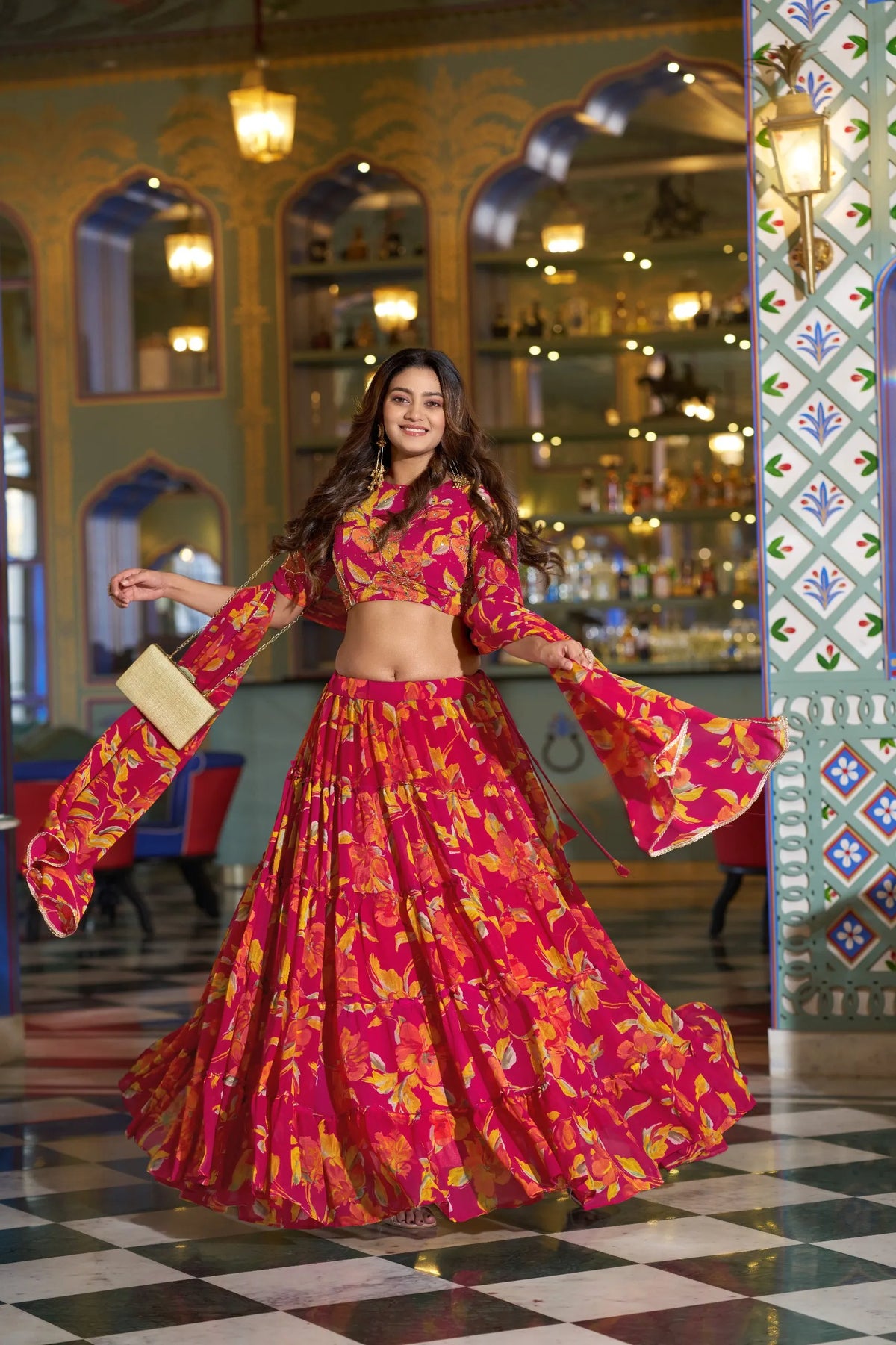 pink lehenga drape