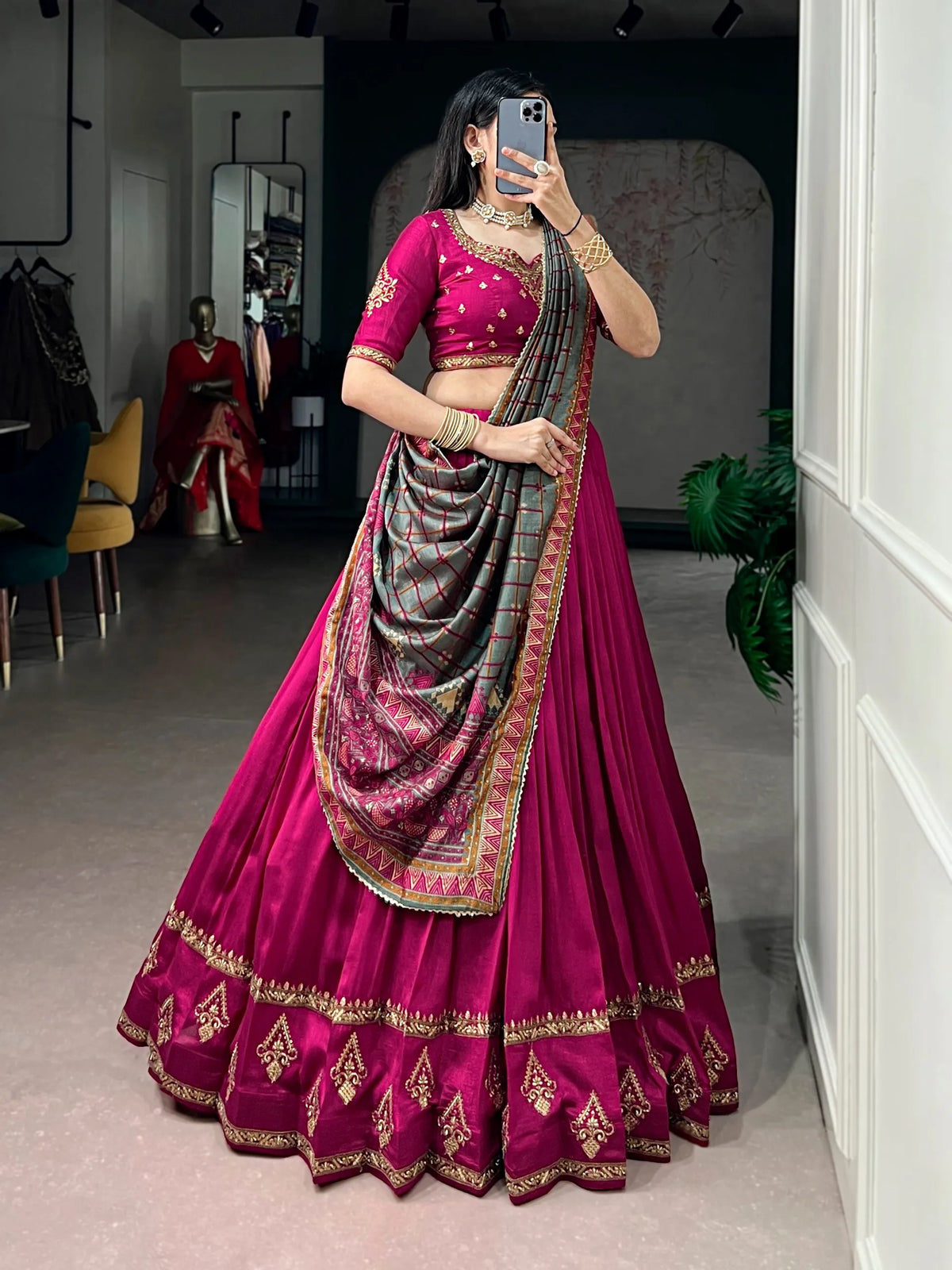 pink silk lehenga look