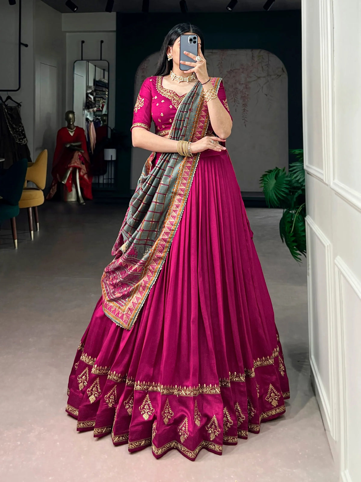 pink vichitra lehenga set