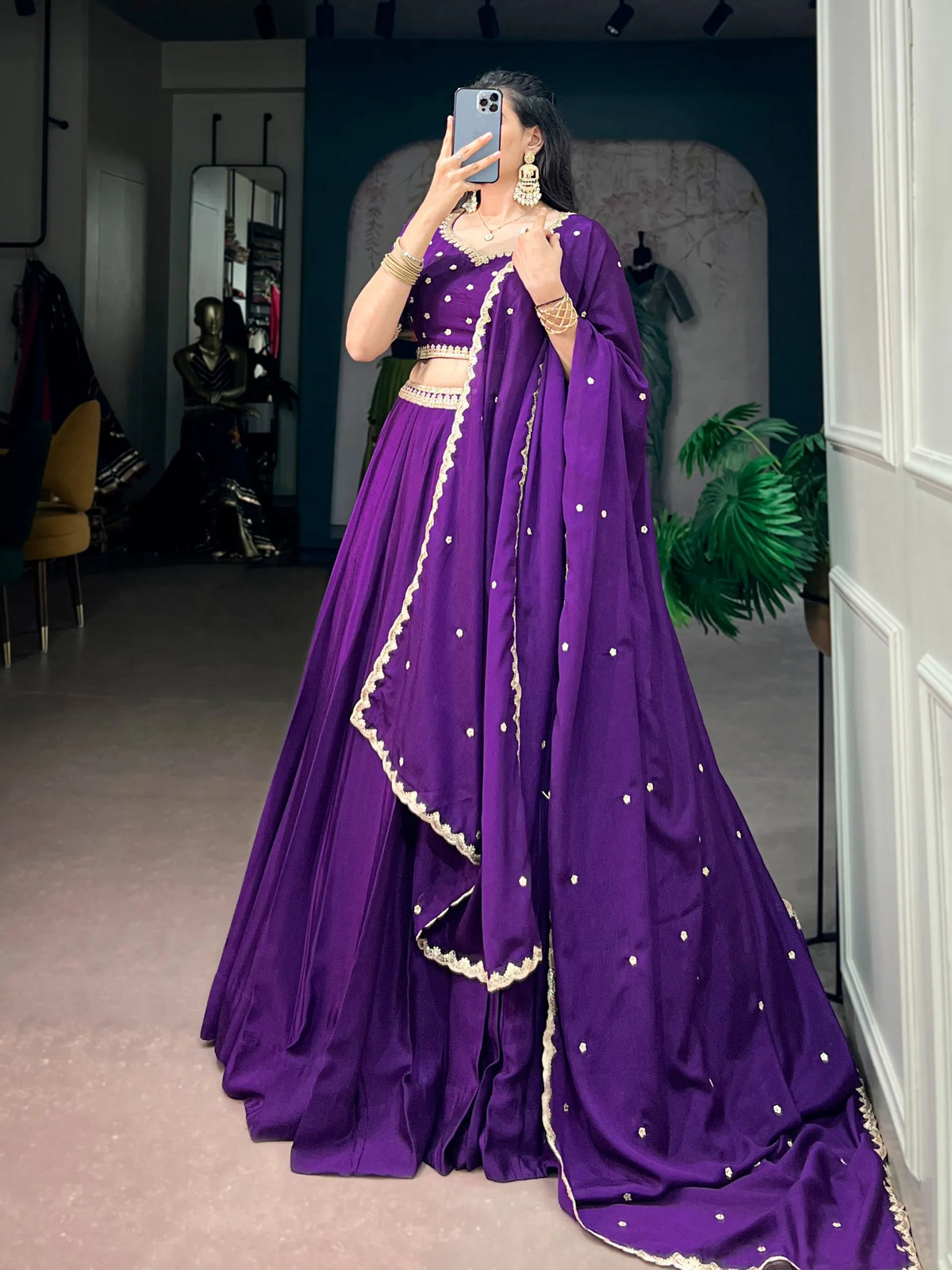 purple chinon lehenga set