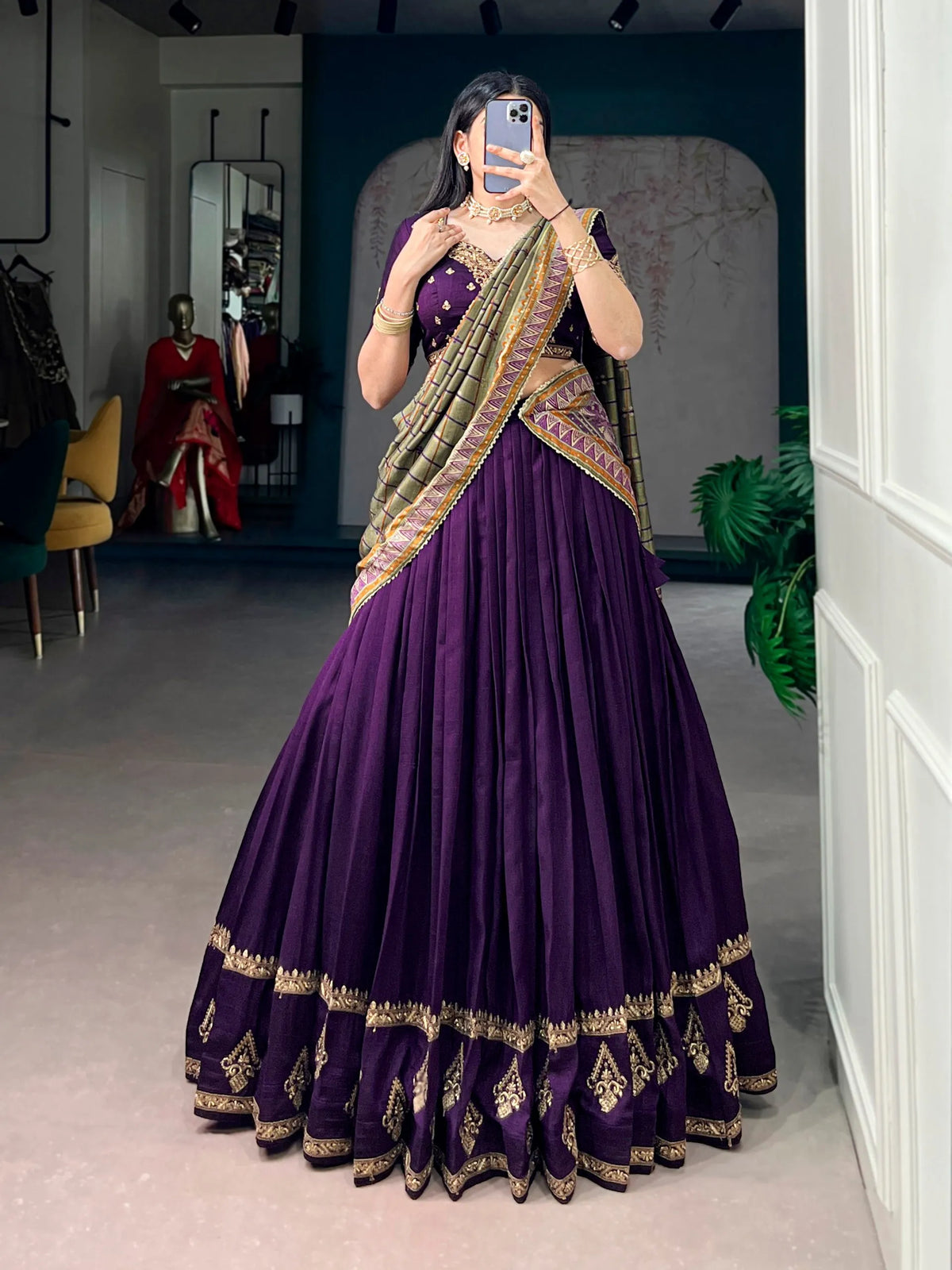 purple vichitra lehenga