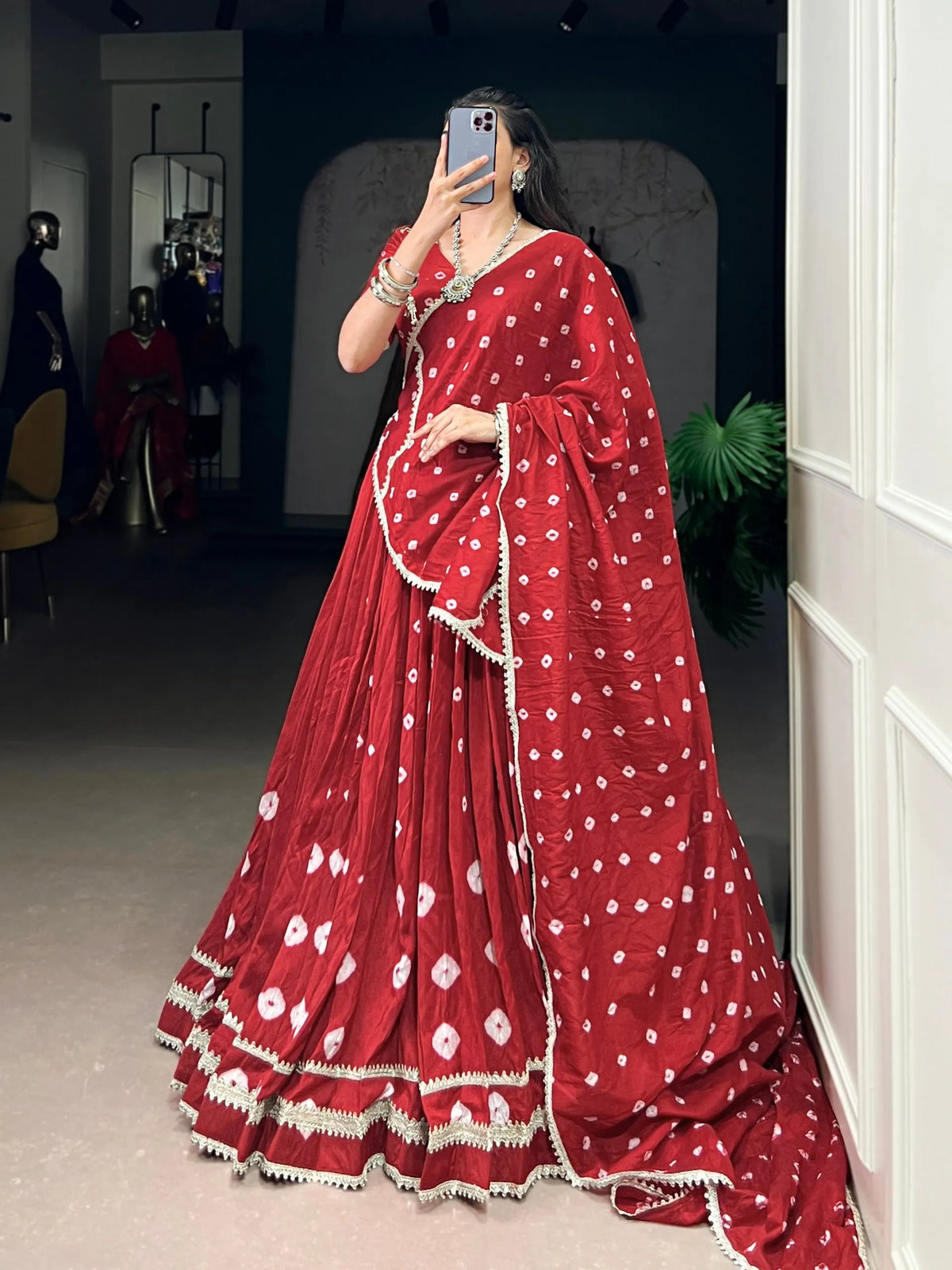 red bandhej choli set