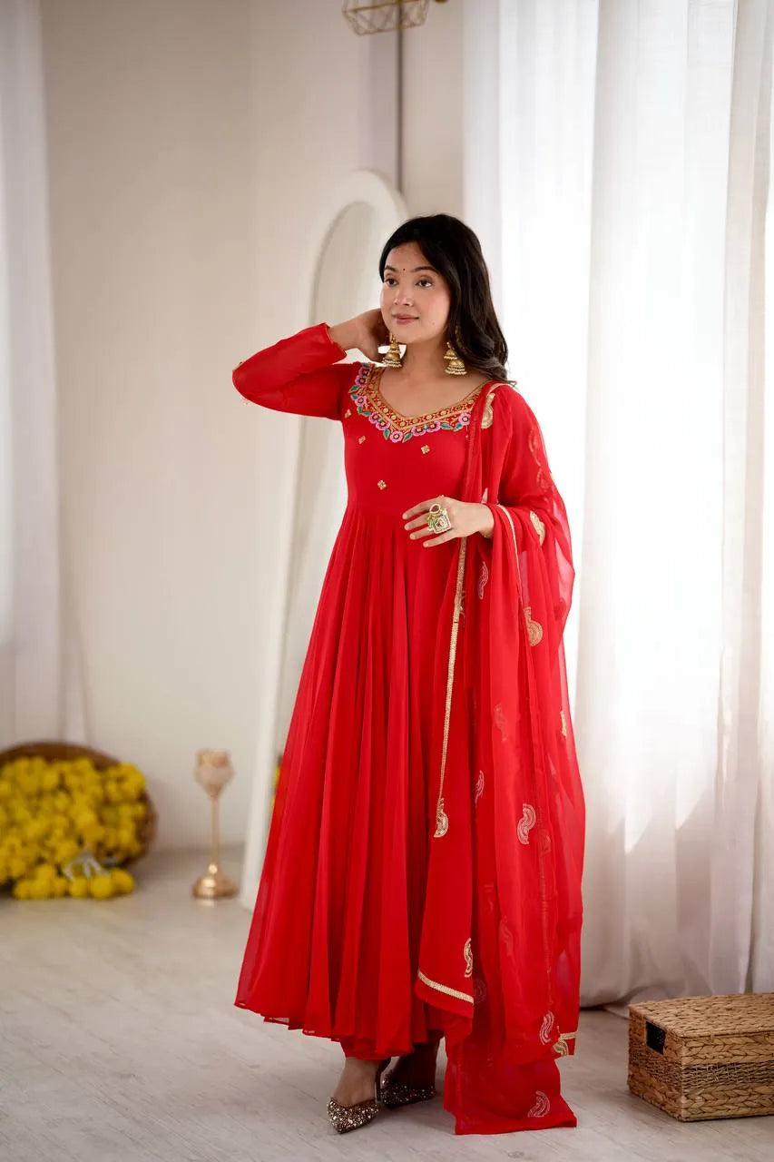 red embroidered gown set