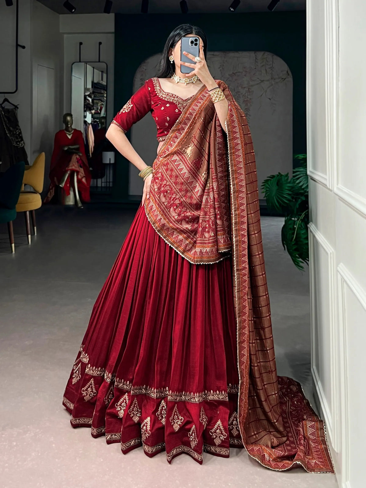 red embroidered lehenga