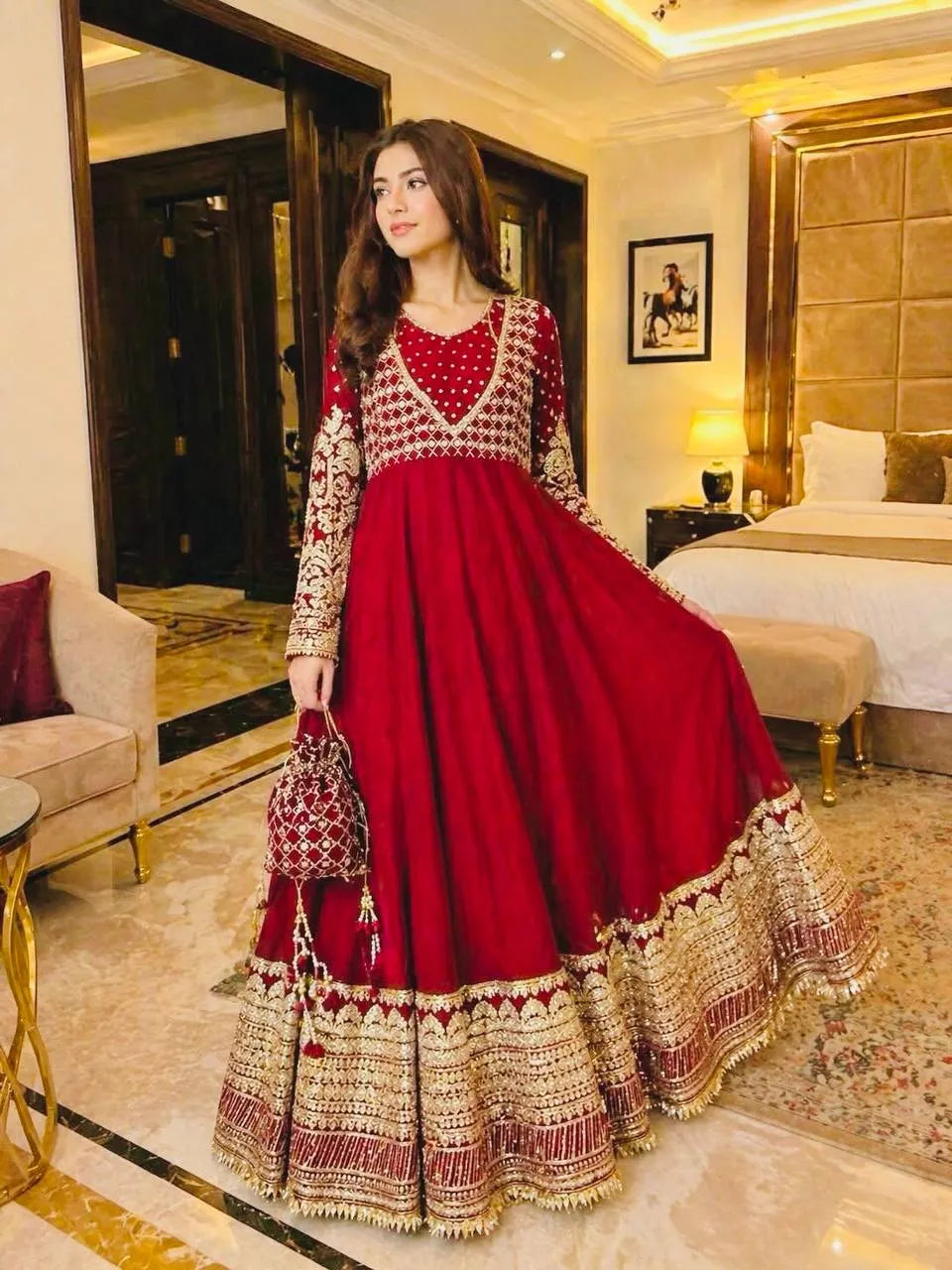 red georgette gown