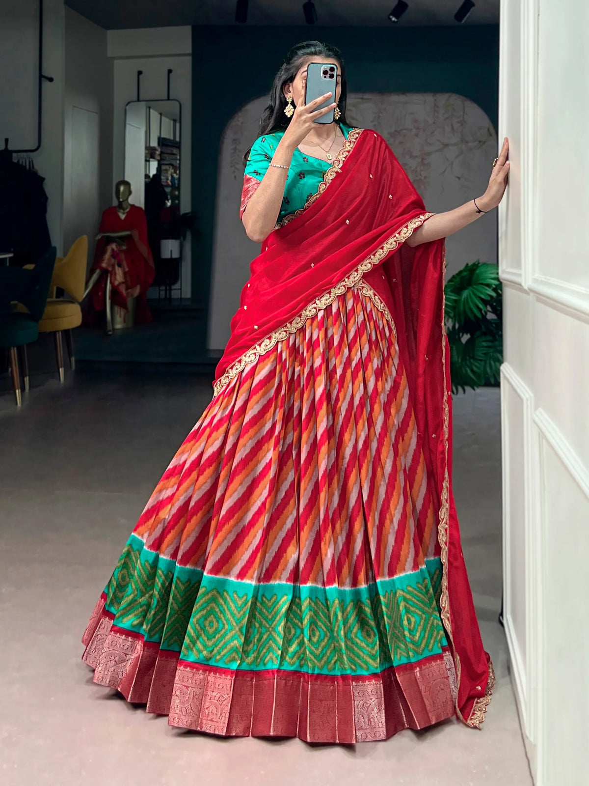 red ikat lehenga