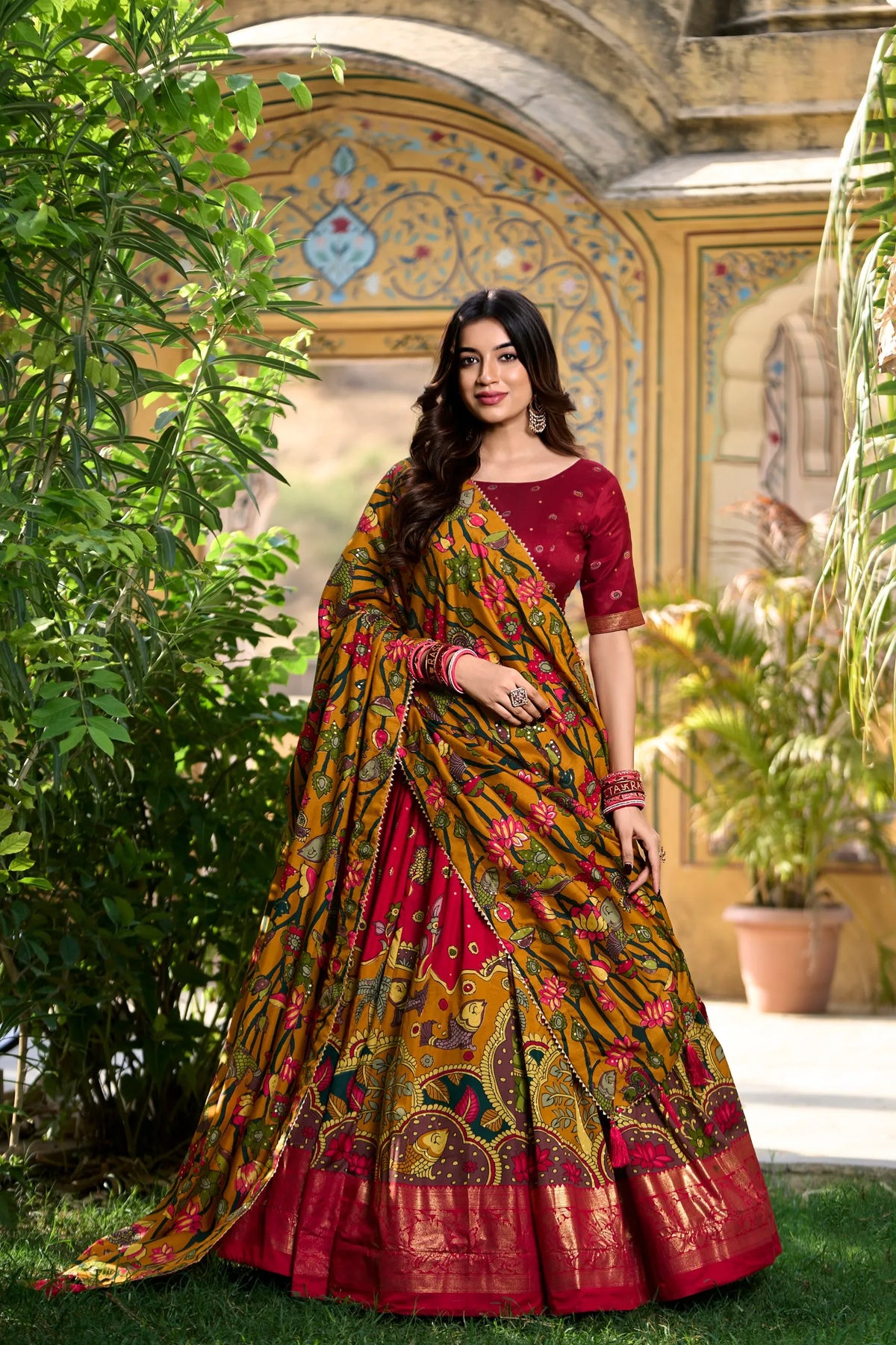 red kalamkari lehenga