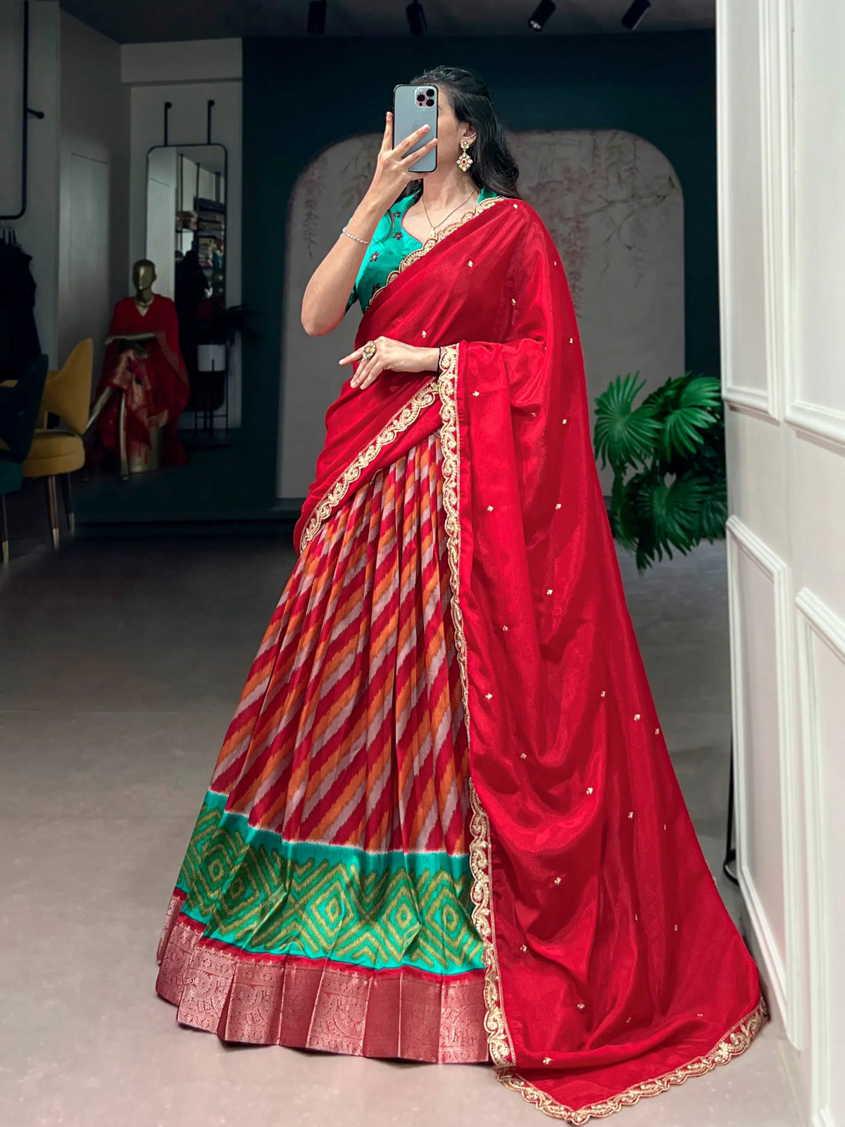 red lehenga drape