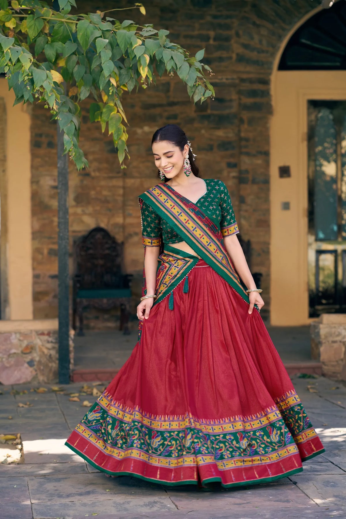 red tasar silk lehenga choli set