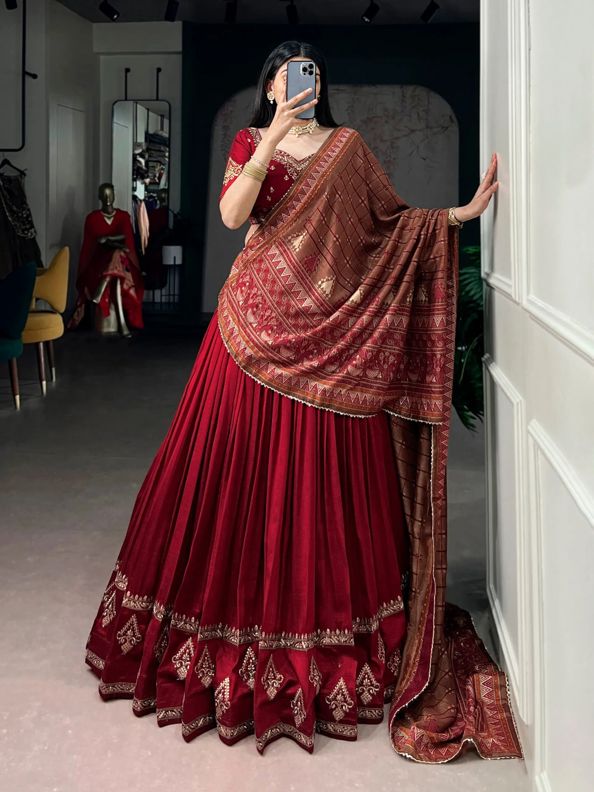 red vichitra lehenga set