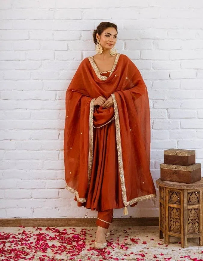 rust anarkali gown set