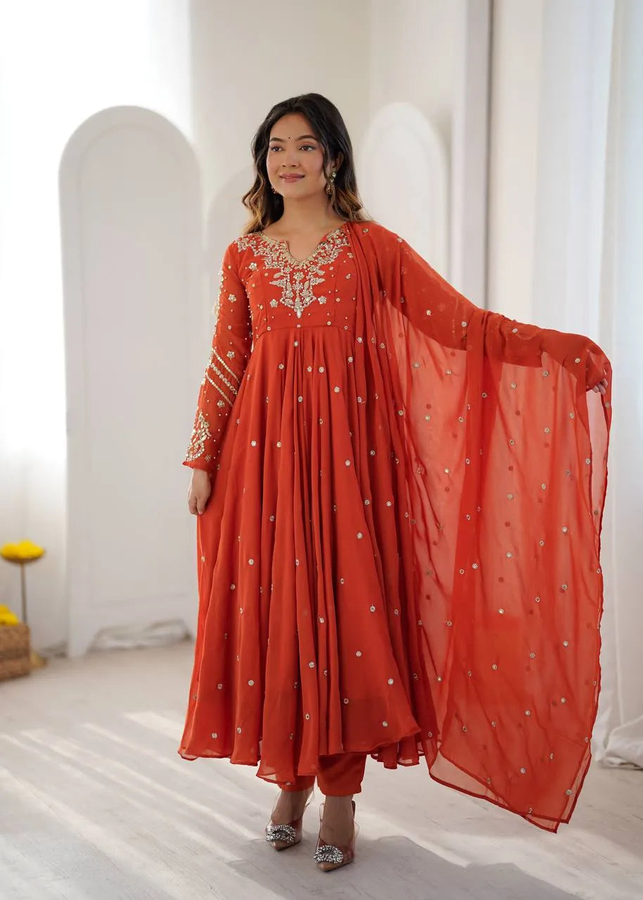rust orange anarkali gown set