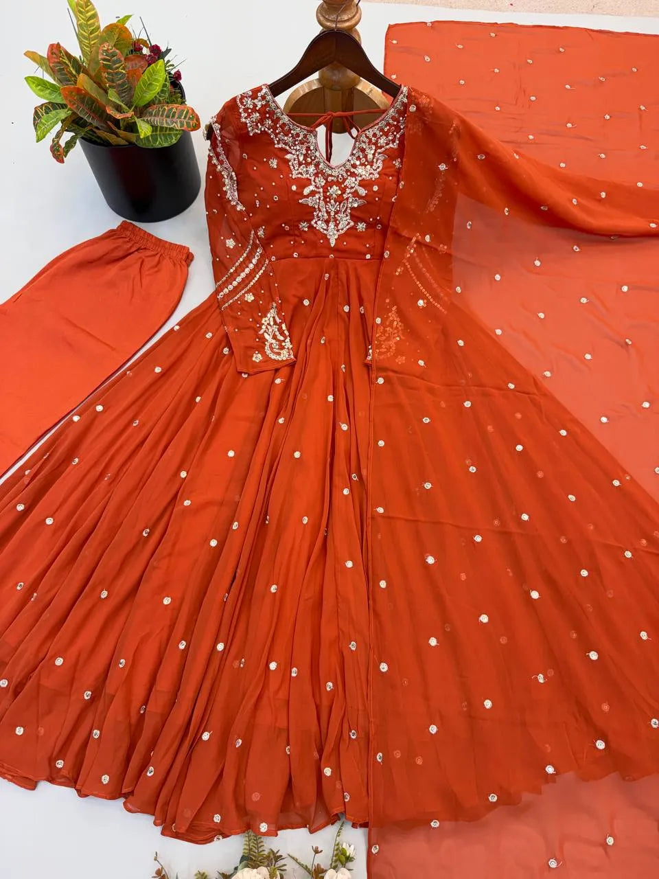 rust orange gown with dupatta