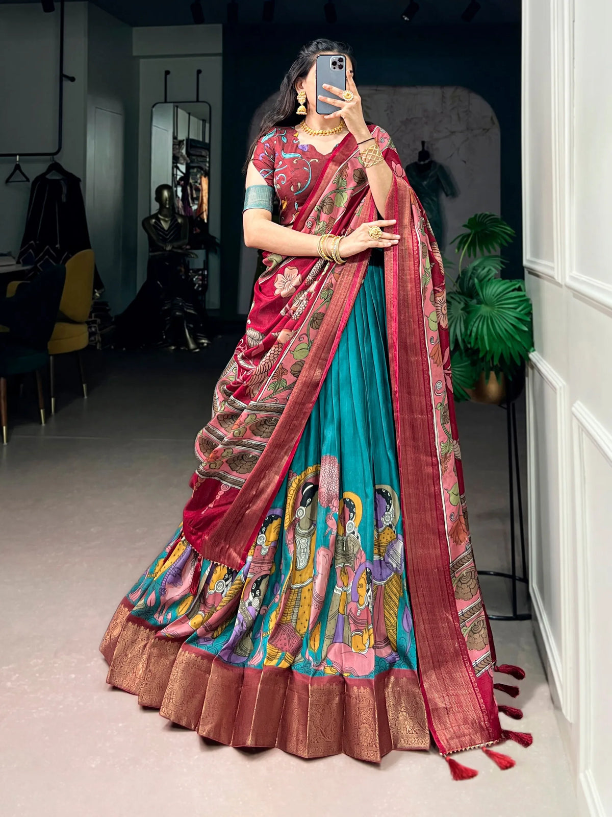 teal dola silk lehenga