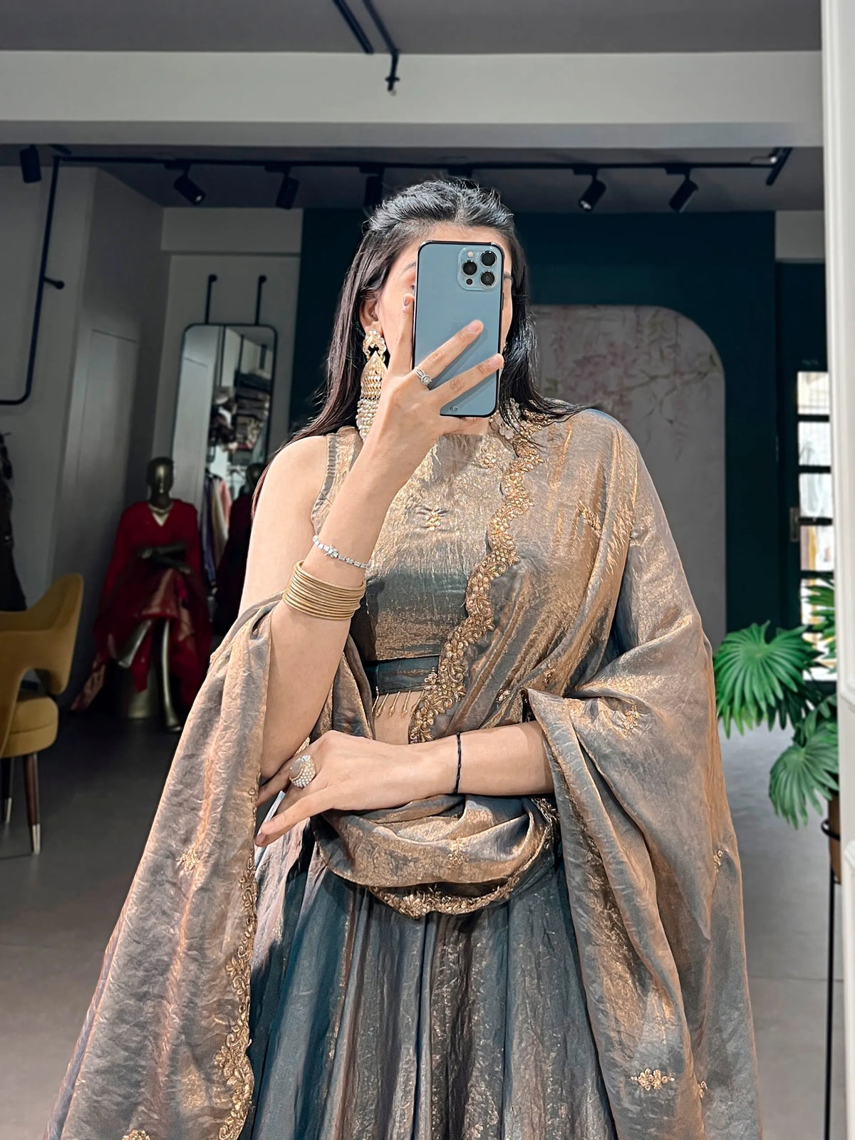teal embroidered lehenga