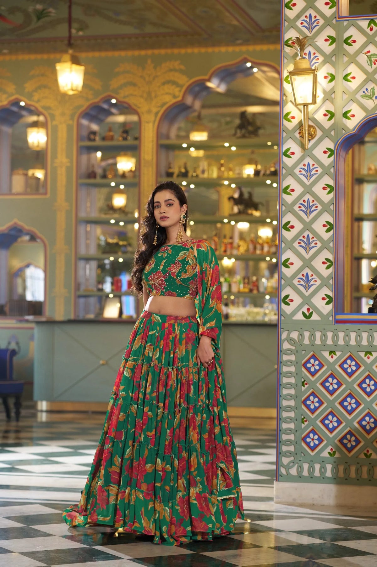 teal floral lehenga set