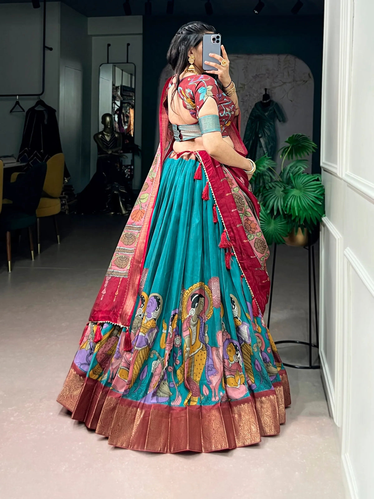 teal kalamkari lehenga