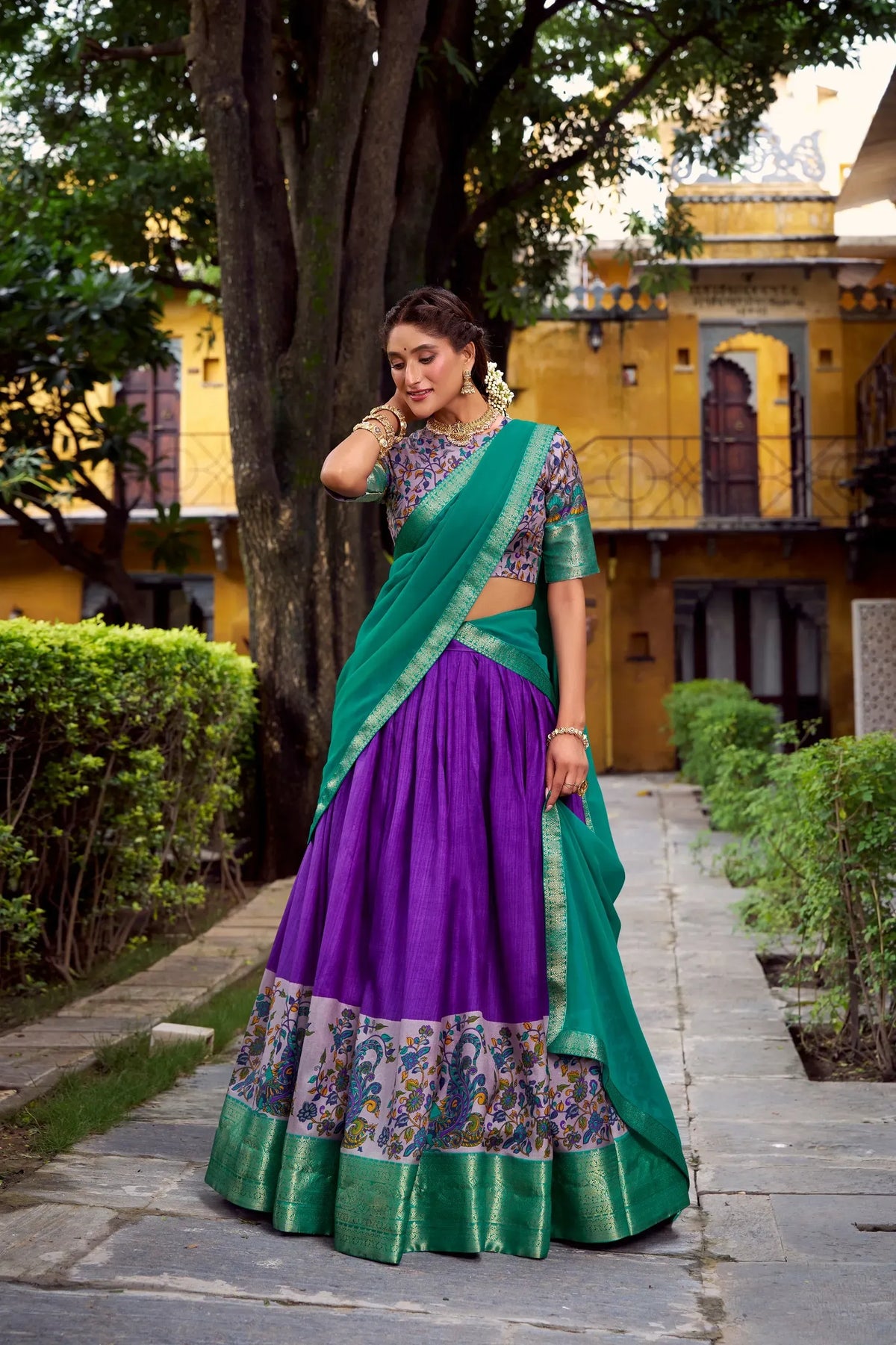 teal printed silk lehenga choli