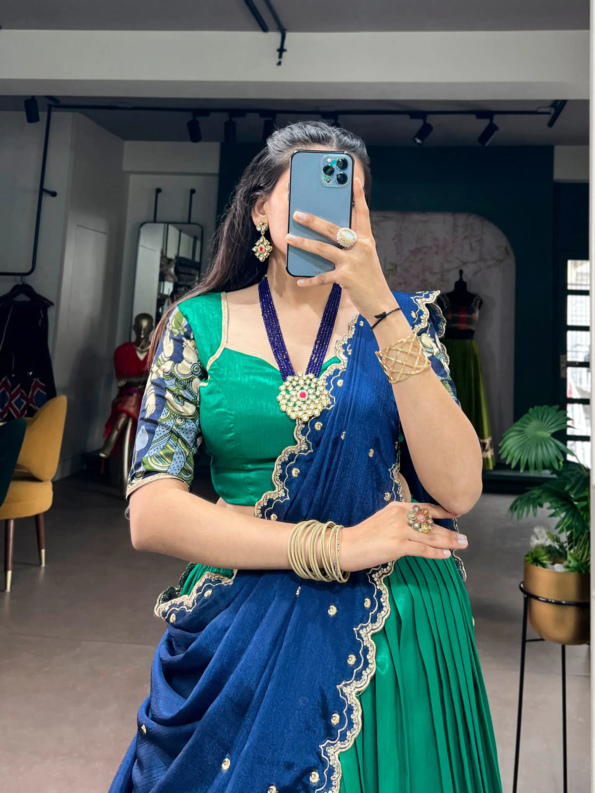 teal tasar lehenga