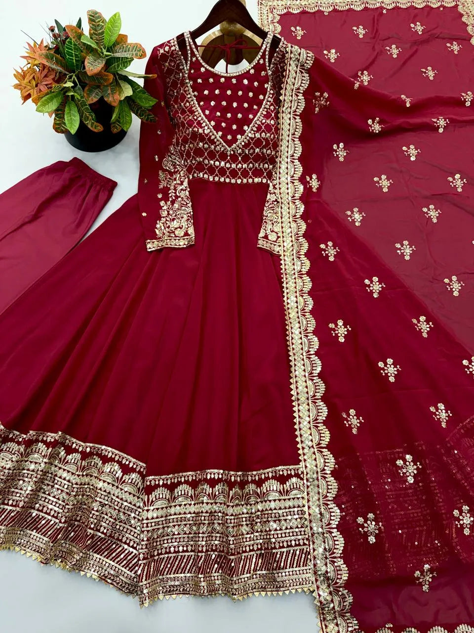wine embroidered gown