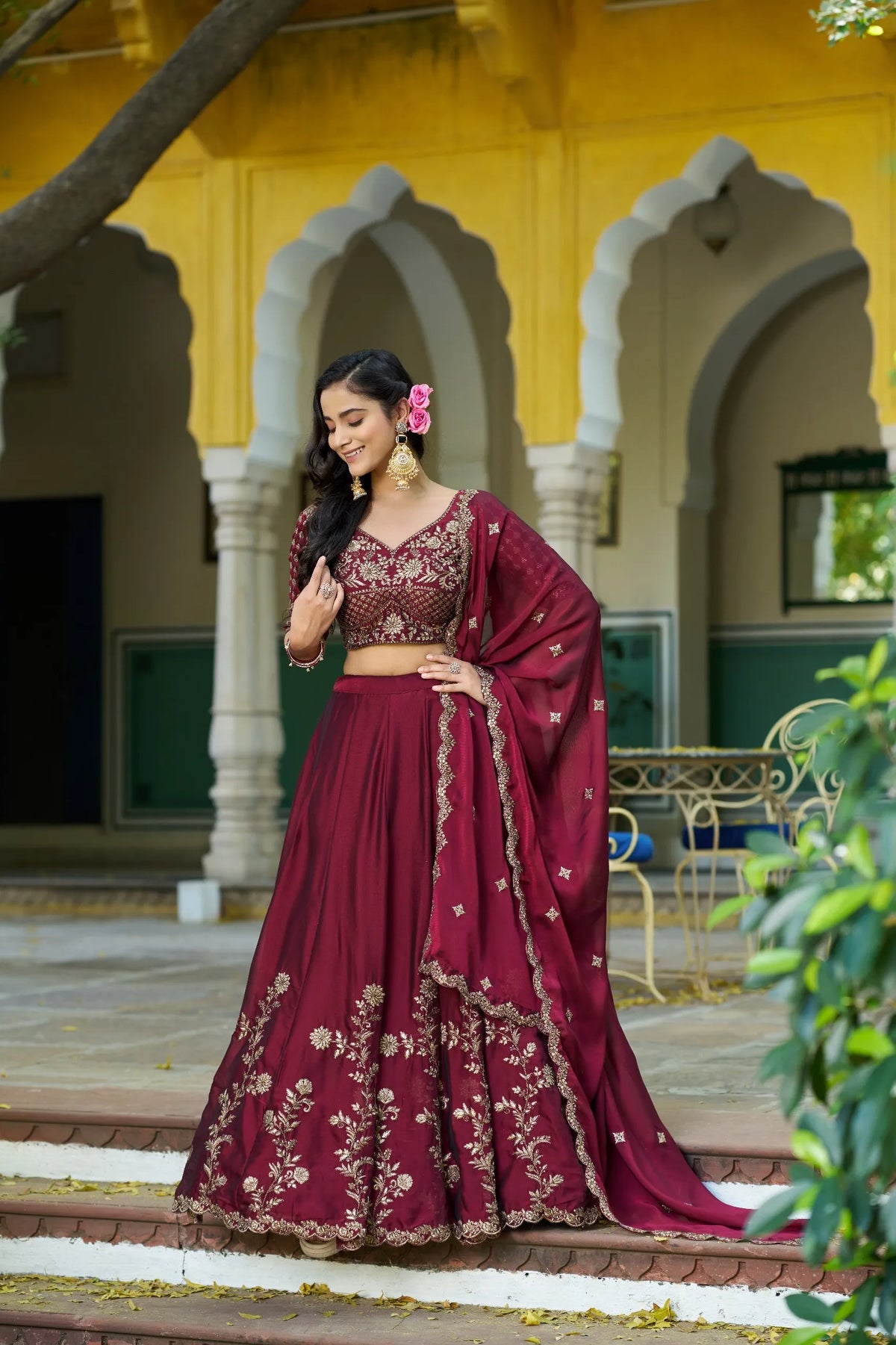 wine embroidered silk lehenga