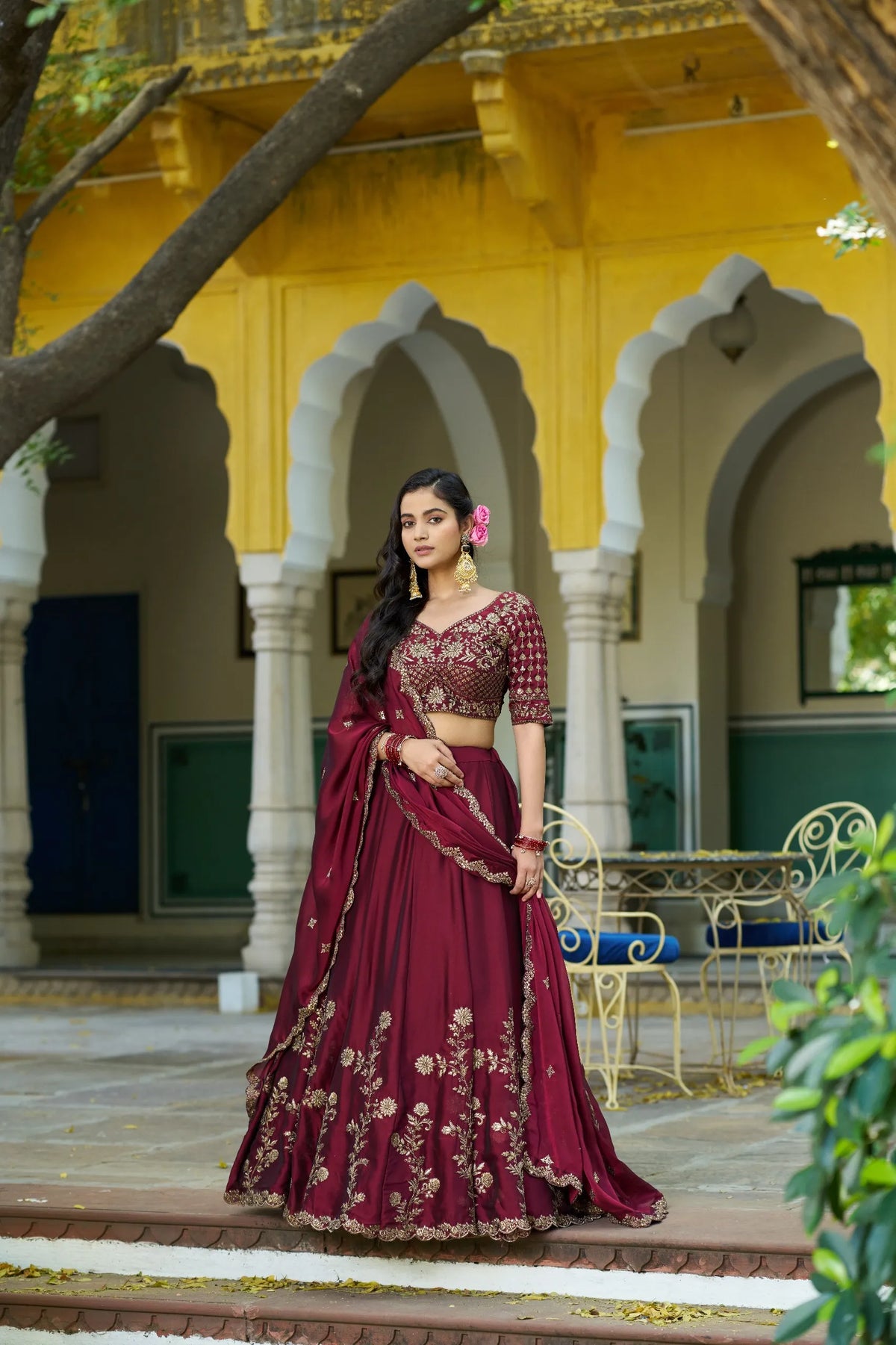 wine floral rangoli silk lehenga choli