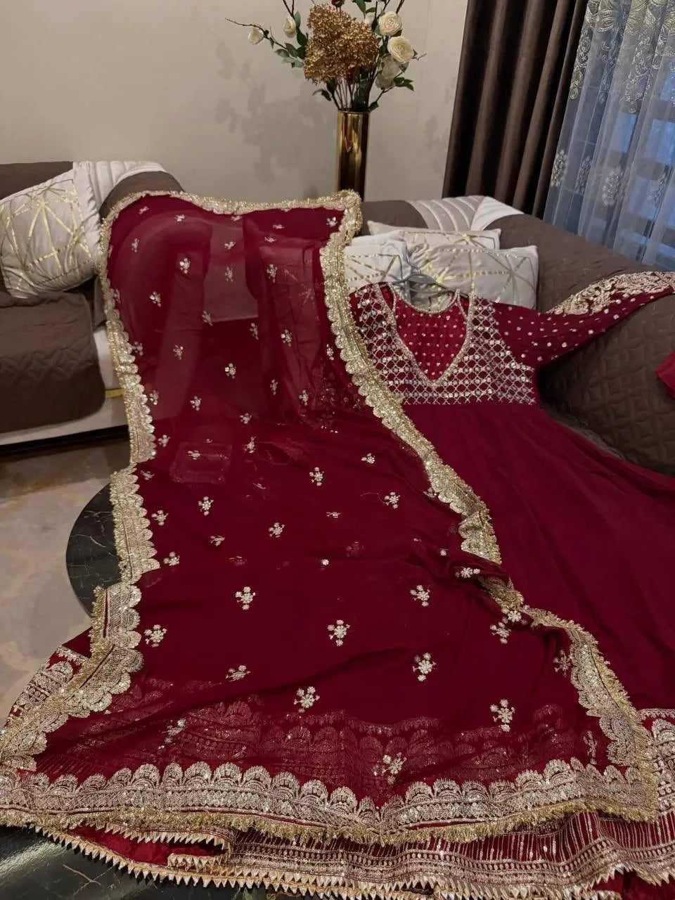 wine stitched gown set