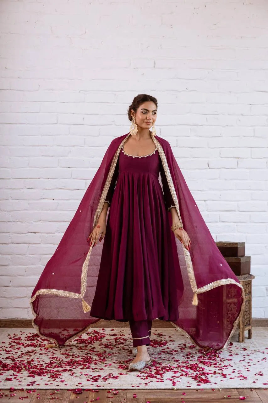 wine vichitra silk gown