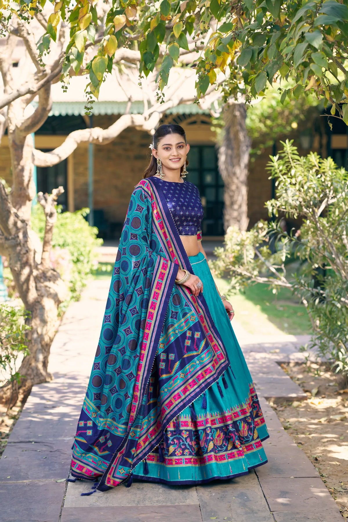 women blue silk lehenga set