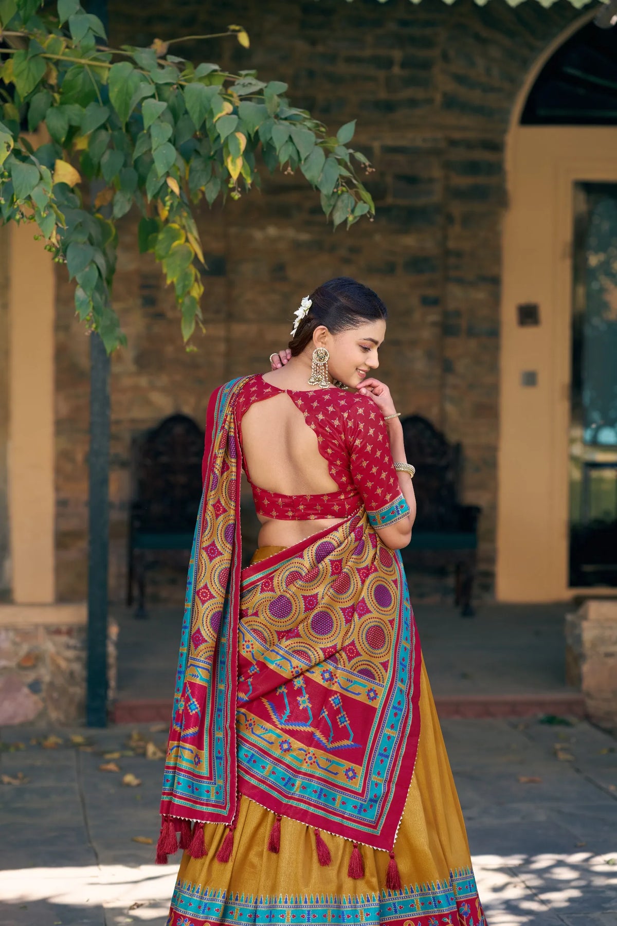 women mustard silk lehenga set
