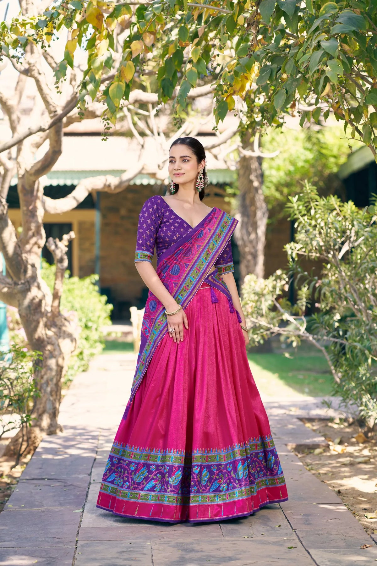 women pink silk lehenga set