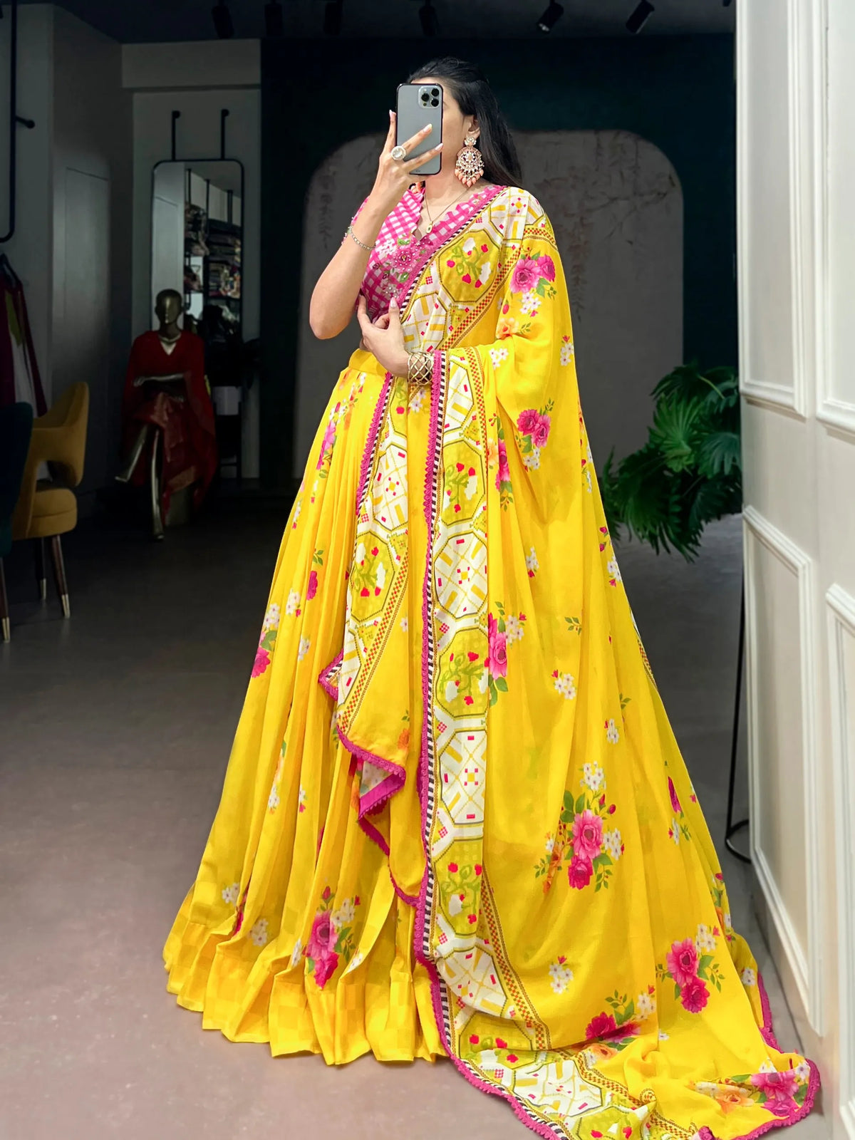yellow pink lehenga look